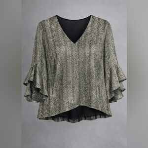 Vince Camuto 1X Gold Metallic Bell Sleeve Cocktail Top Lined Evening Blouse